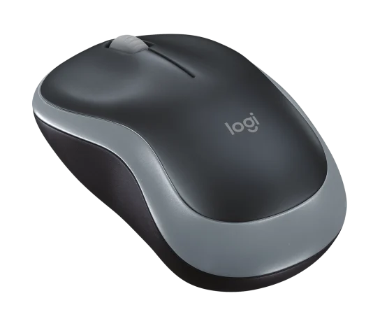 Logi wireless computer mouse in dark gray and black with a silver side accent, shown on a plain white background.