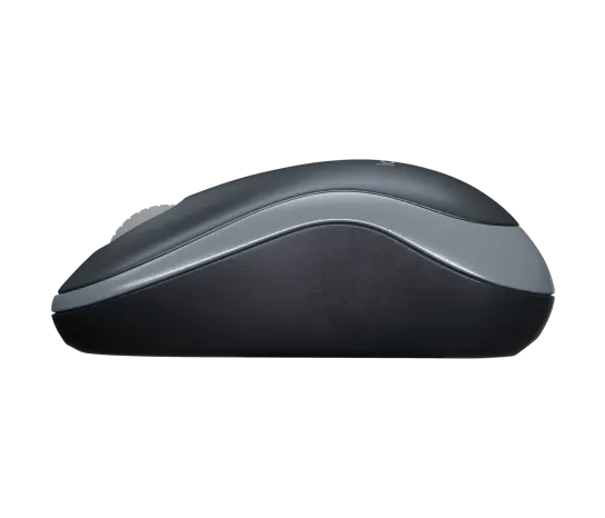 A classic optical computer mouse shown from a side profile view, featuring a black body with a gray accent strip and a gray scroll wheel, set against a plain white background.