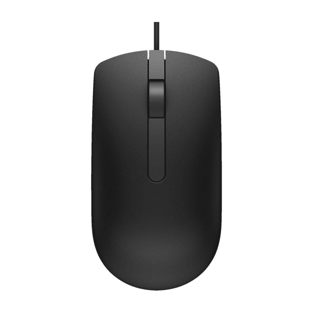 A classic black wired computer mouse with a vertical scroll wheel, shown from a top-down perspective on a solid white background.