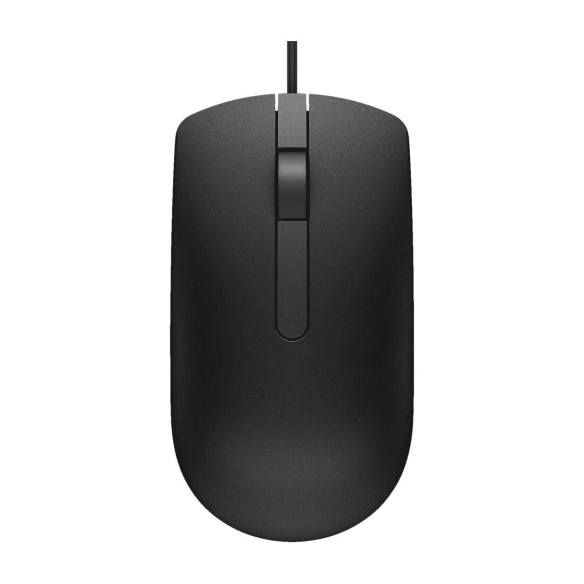 A classic black wired computer mouse with a vertical scroll wheel, shown from a top-down perspective on a solid white background.