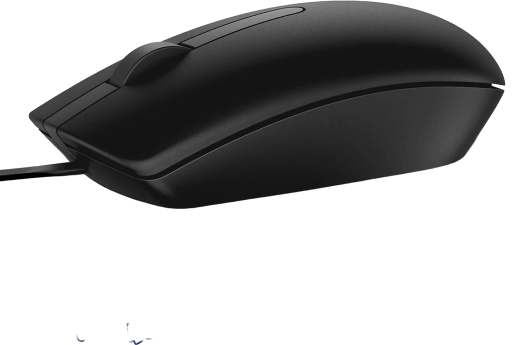 Black computer mouse with wired and 1000DPI text on a white background