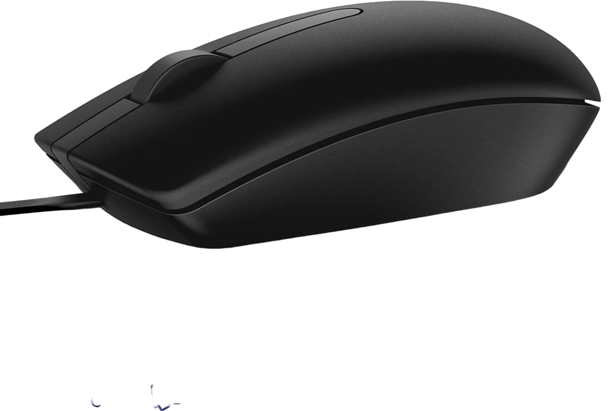 Black computer mouse with wired and 1000DPI text on a white background