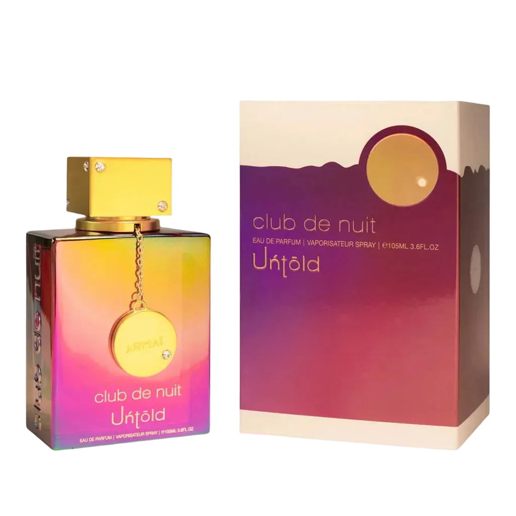 Colorful perfume bottle and packaging labeled 'club de nuit Untold' on a white background