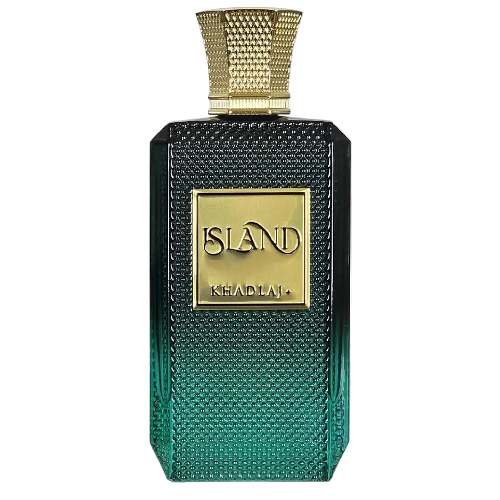 Green perfume bottle with gold cap and 'Island' branding on a white background