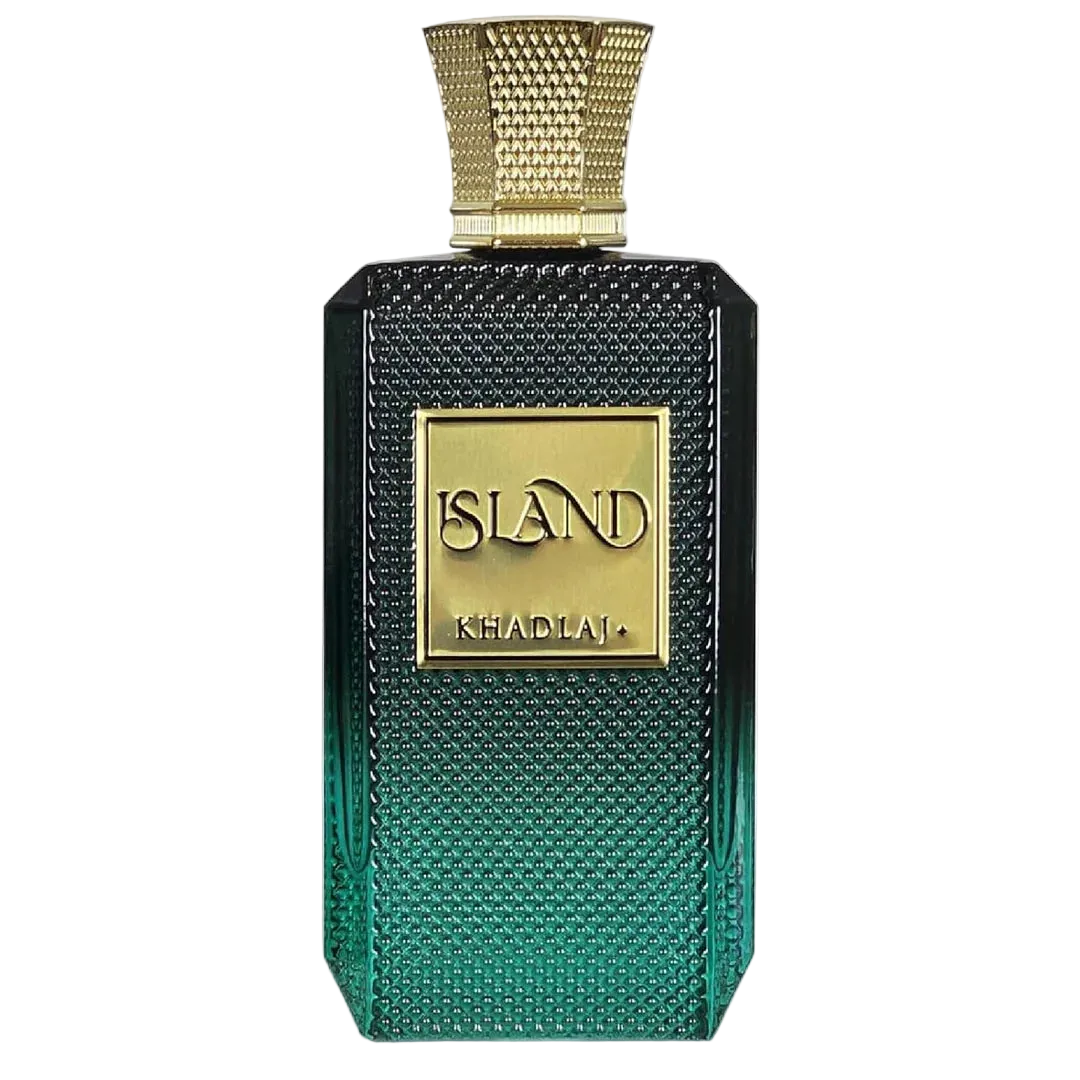 Green perfume bottle with gold cap and 'Island' branding on a white background