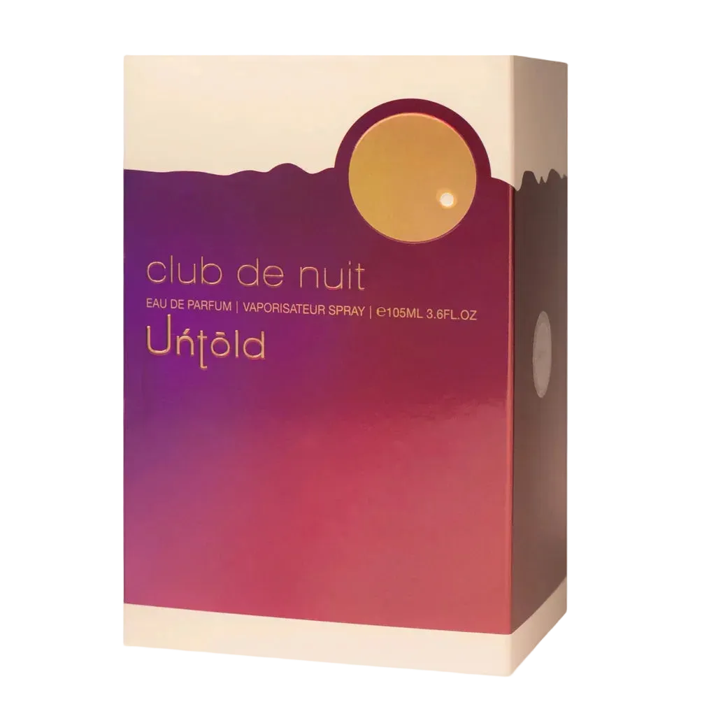 Perfume box for 'club de nuit' by Untold with a gradient design on a white background